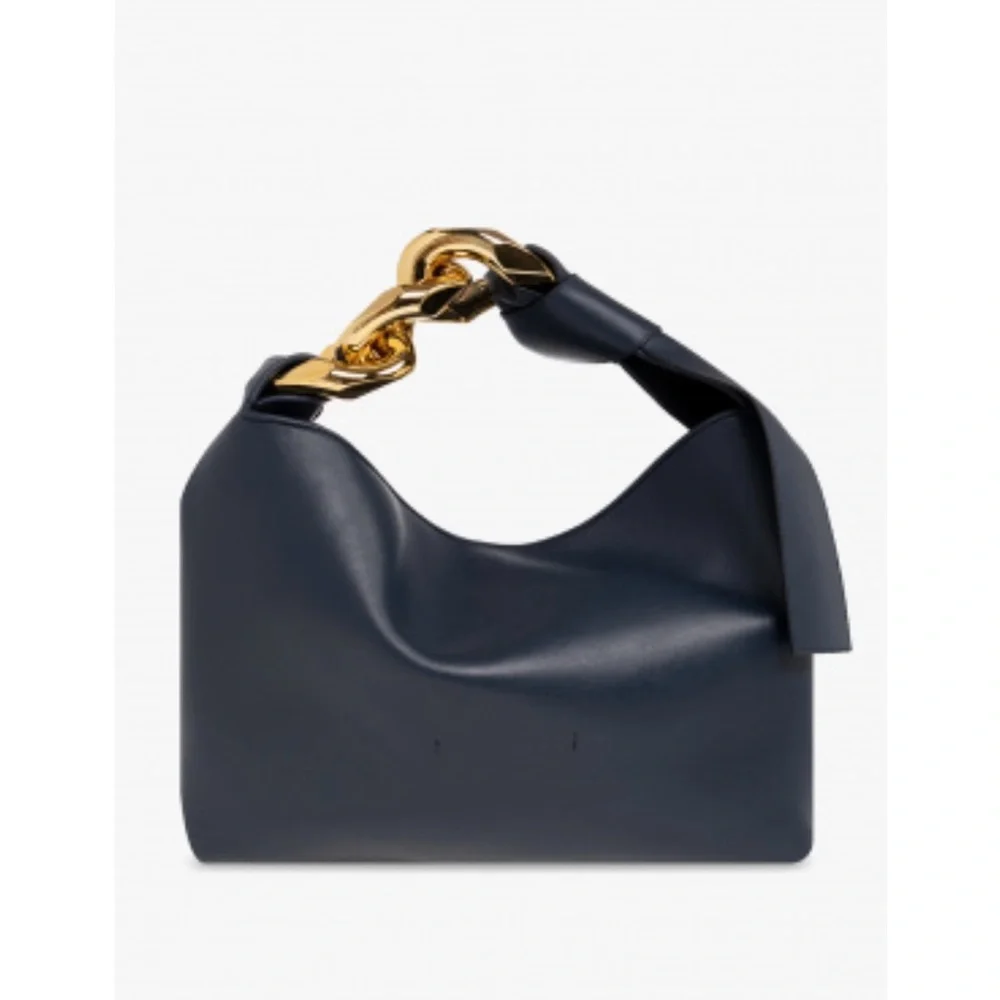 Leather Top-Handle Tote in Navy with Gold Chain Detail